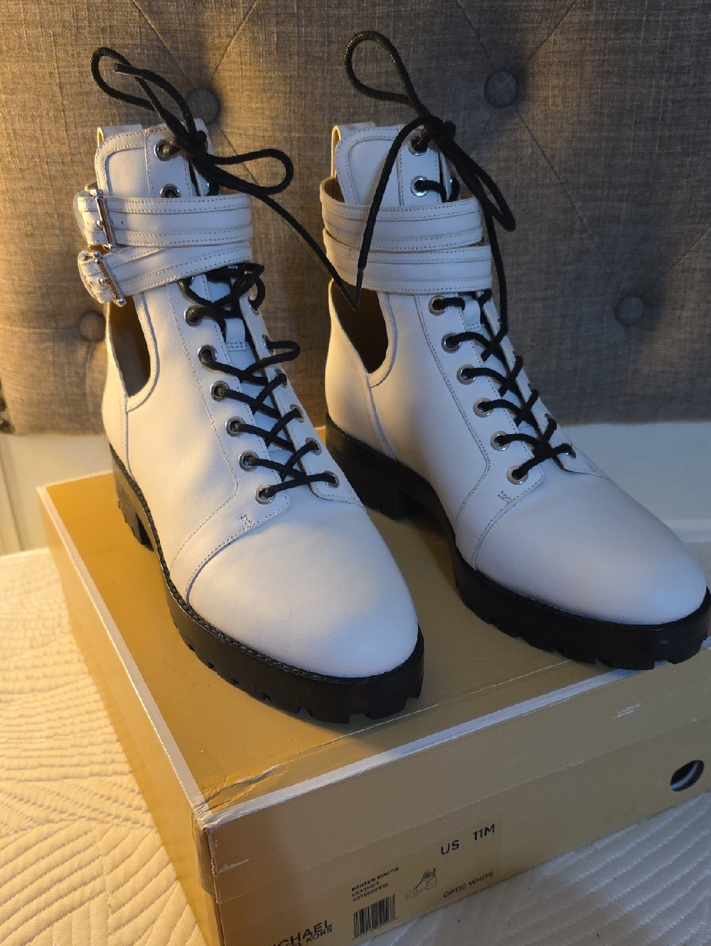 Women’s White Lace-Up Cutout Combat Boots with Buckle Strap